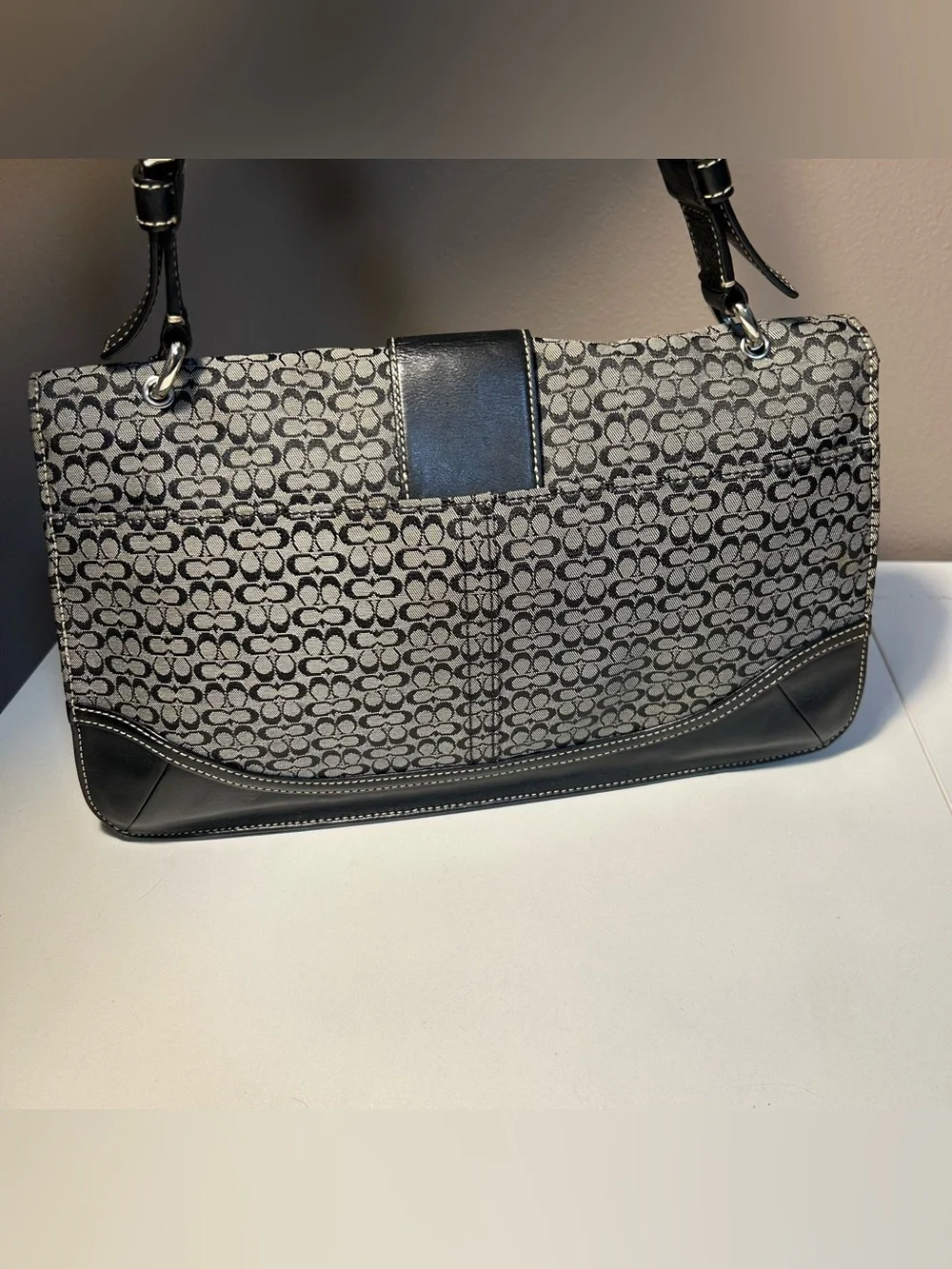 Vintage Coach Y2K Black Gray Signature Canvas Soho Shoulder Bag 7075 Buckle